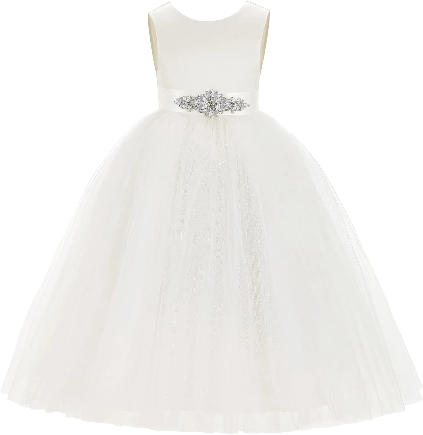 ekidsbridal V-Back Satin Tulle Flower Girl Dresses for Toddlers Holy Baptism Gown 219 12 Ivory Ribbon #5