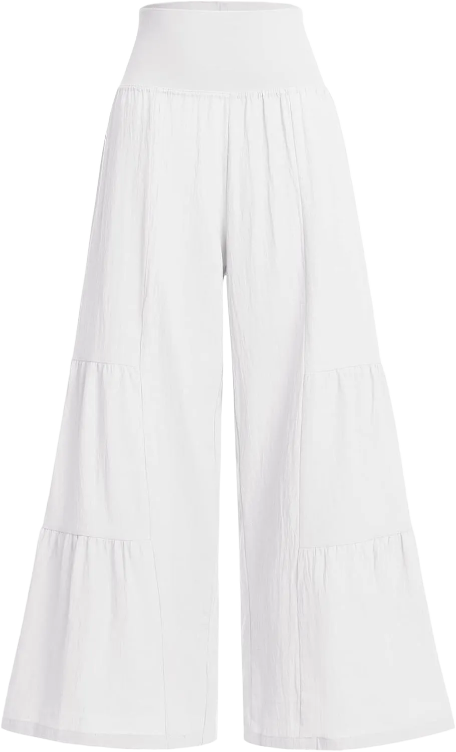ABAFIP Women's Elastic High Waist Linen Wide Leg Palazzo Pants Boho Loose Fit Summer Casual Flowy Lounge Trousers Medium White