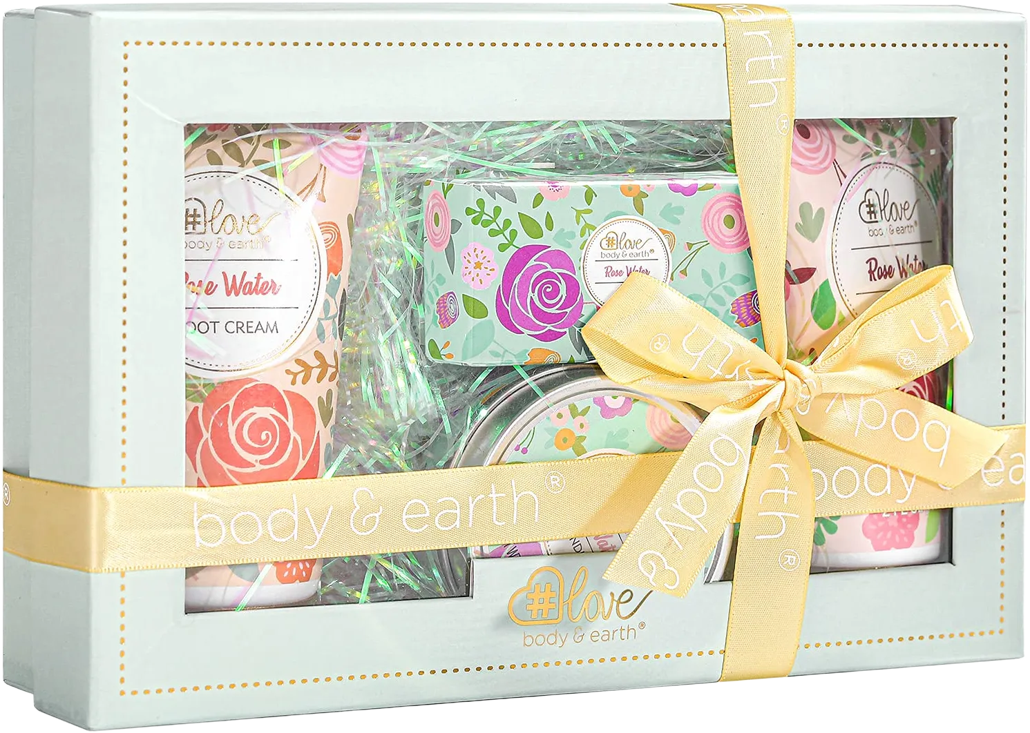 4PC Rose Water Lotion Gift Set: Hand & Foot Cream, Soap, Scented Candle - Body Care for All Skin Types Skin Care Gift Set for Women Green