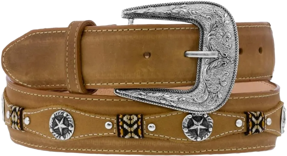 Texas Legacy Mens Taupe Concho Western Cowboy Leather Belt Silver Buckle 36