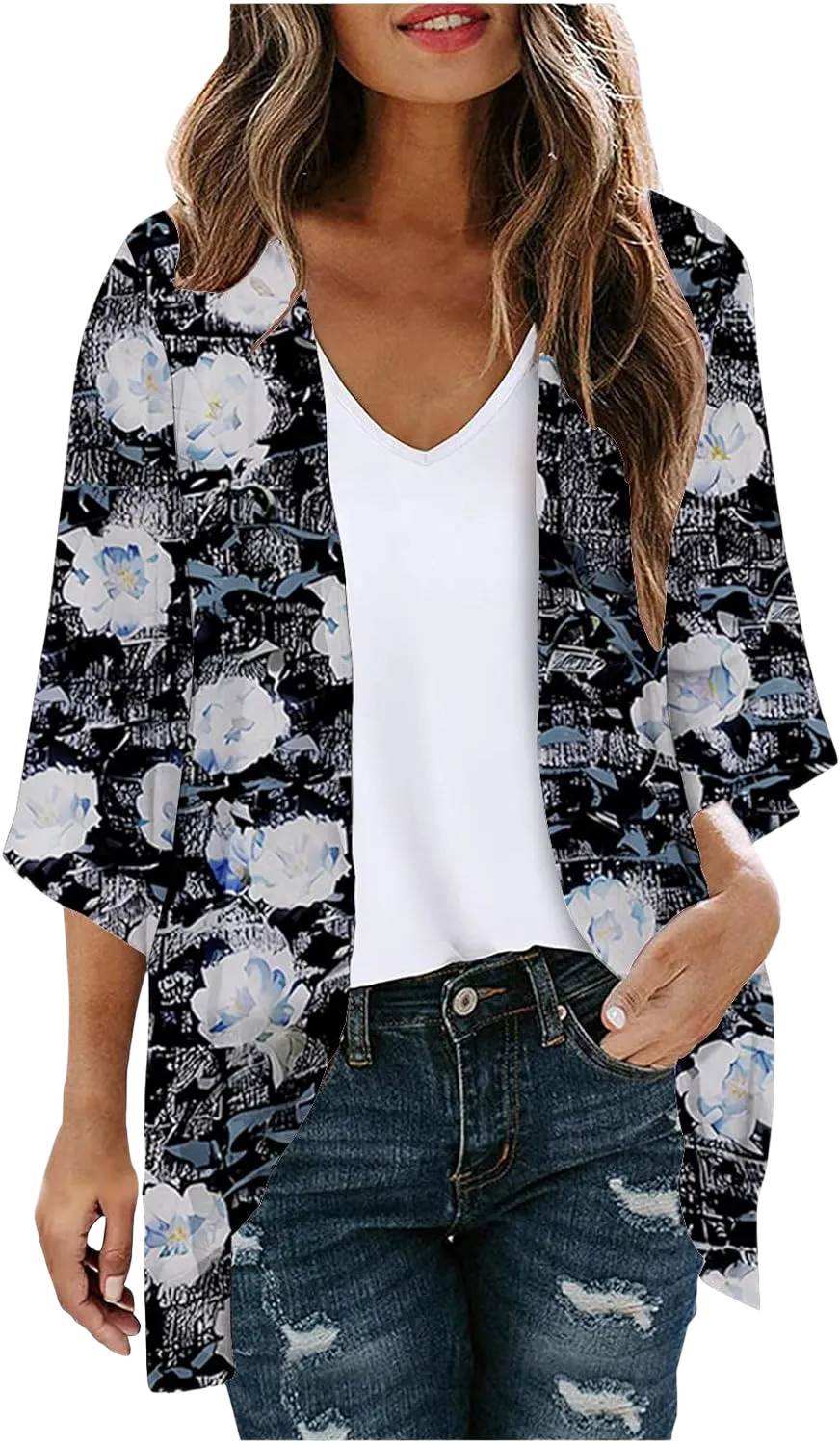 Summer Lightweight Cardigan for Women 3/4 Sleeve Chiffon Kimono Shrug Beach Cover Ups Boho Floral Swimsuit Coverup