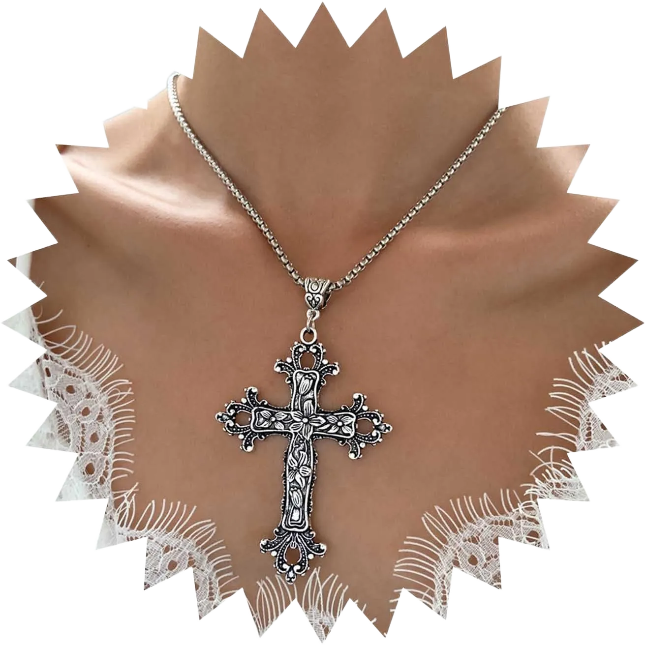 Gothic Big Cross Pendent Necklace Exaggerated Filigree Cross Necklace Oversized Cross Choker Necklace Silver Italian Chain Necklace Jewelry for Women
