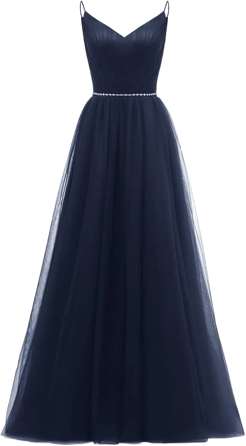 Spaghetti Straps Tulle Bridesmaid Dresses Long for Women V-Neck Beaded Belt Ruched Evening Wedding Prom Ball Gown 22 Navy