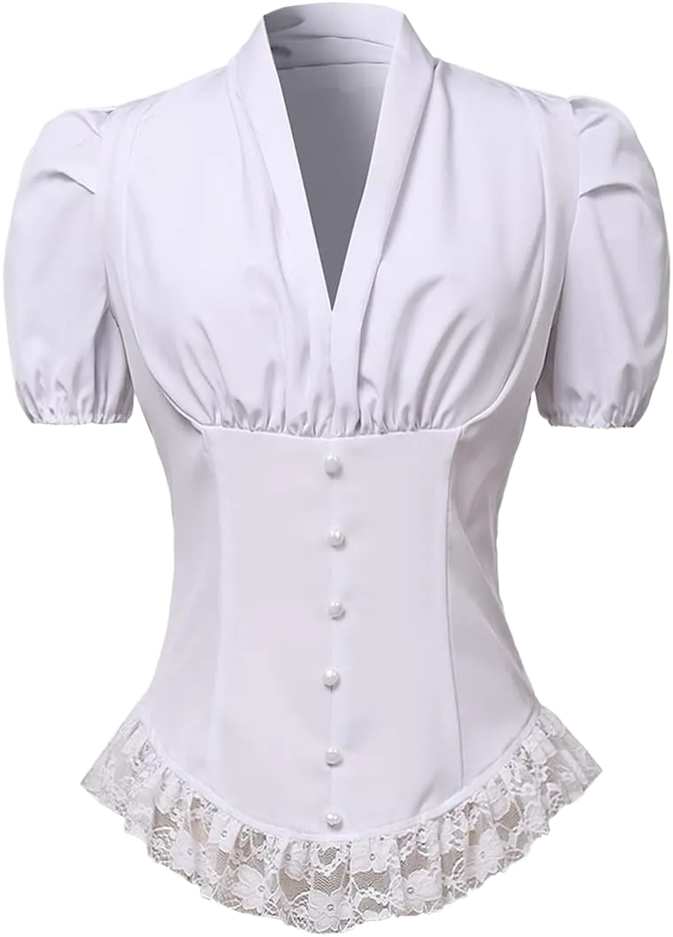 Womens Victorian Corset Tops Shirts Gothic Steampunk Lace Up Blouse Small White