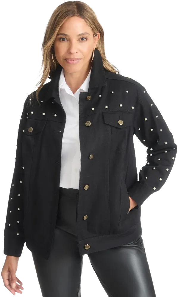 Jessica London Women's Plus Size Classic Cotton Denim Jacket - 36, Black Pearl Embellishment
