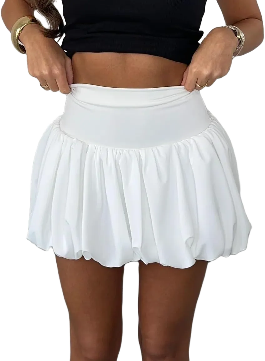 NUFIWI Women Y2k Bubble Skirt High Elastic Waist Ruffle Flared Mini Skirts Layered Pleated Balloon Puffy Short Skirts Bubble White 11 Small