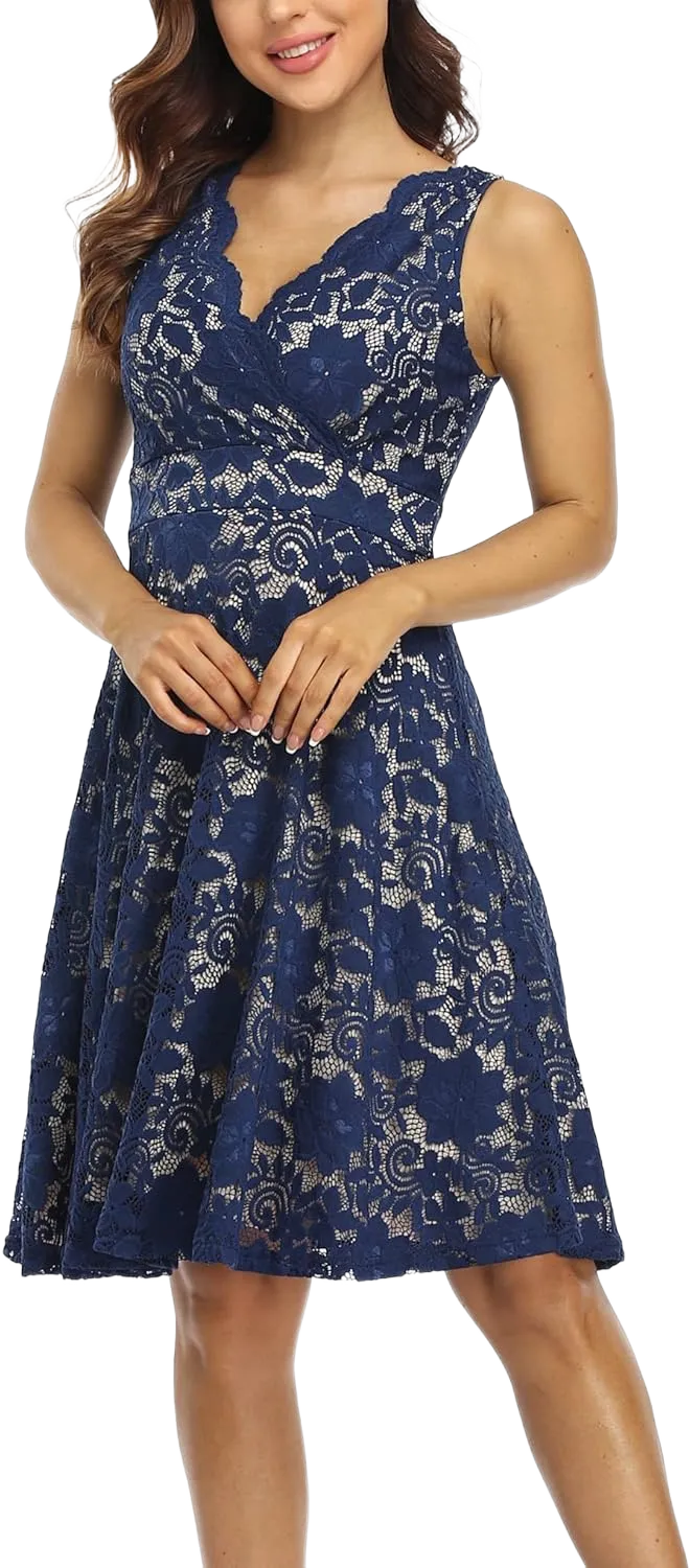 MISS MOLY Women's Floral Lace Overlay Fit and Flare Dress Sexy V-Neck Knee Length Elegant Party Wedding Dress XX-Large Blue and Beige
