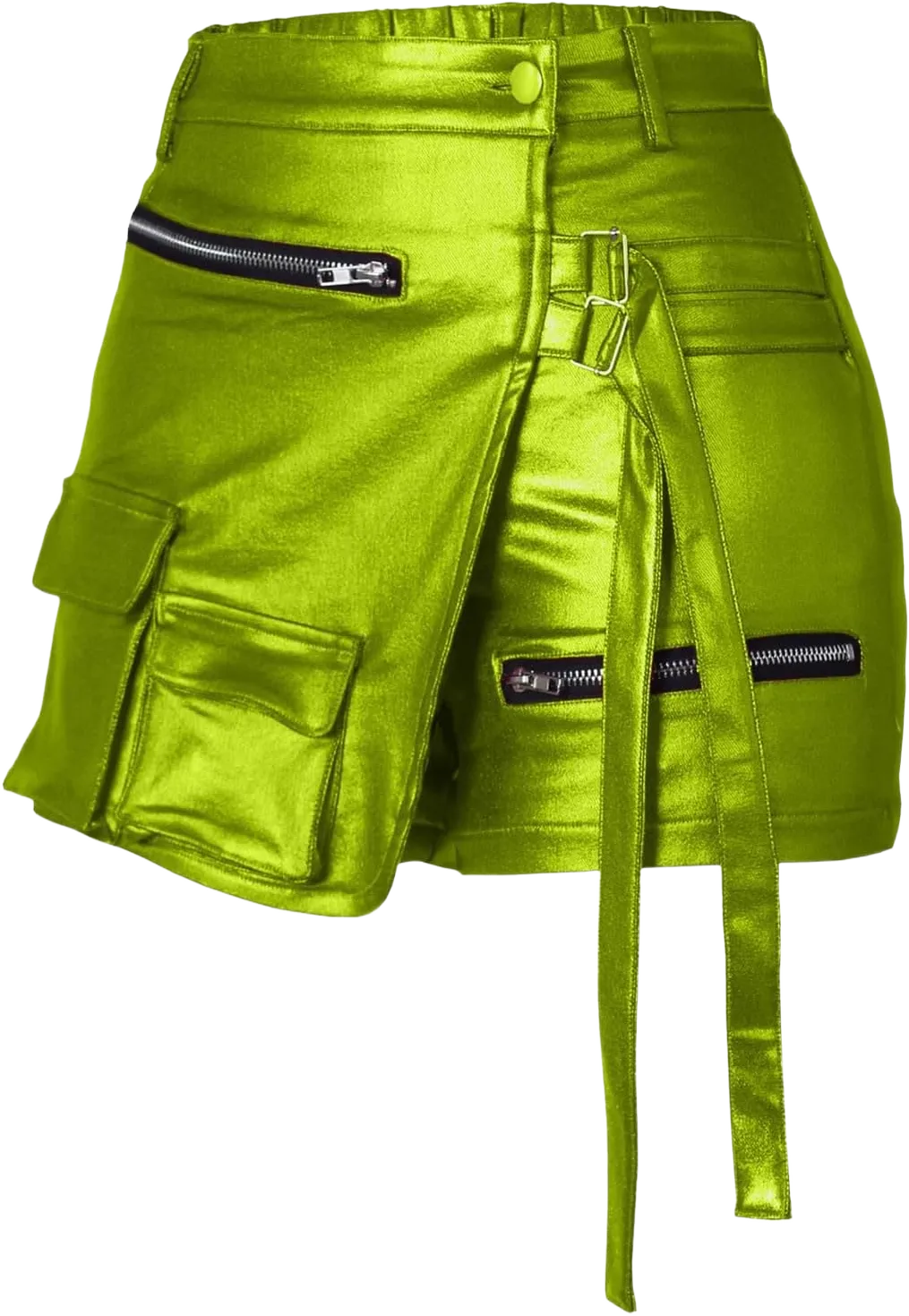Women's Metallic Faux Leather Skorts High Waist Shiny Sexy Rave Mini Shorts Asymmetrical Cargo Skirt Shorts 2024 Green XX-Large
