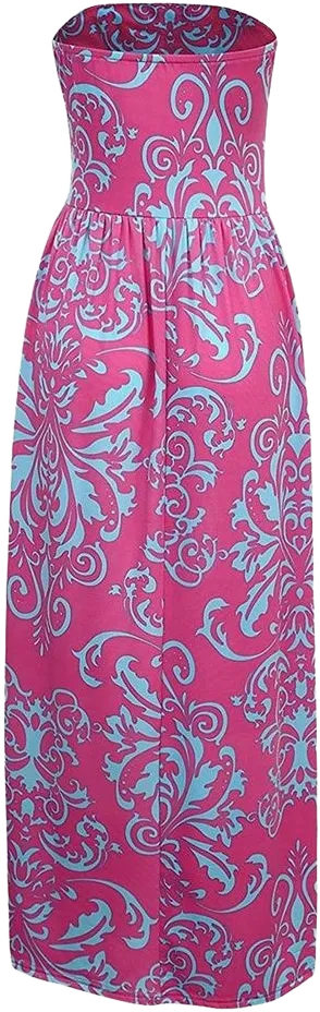 Women's Summer Boho Strapless Midi Dresses High Waist Vintage Floral Print Maxi Long Dress with Pockets Rose Pink S