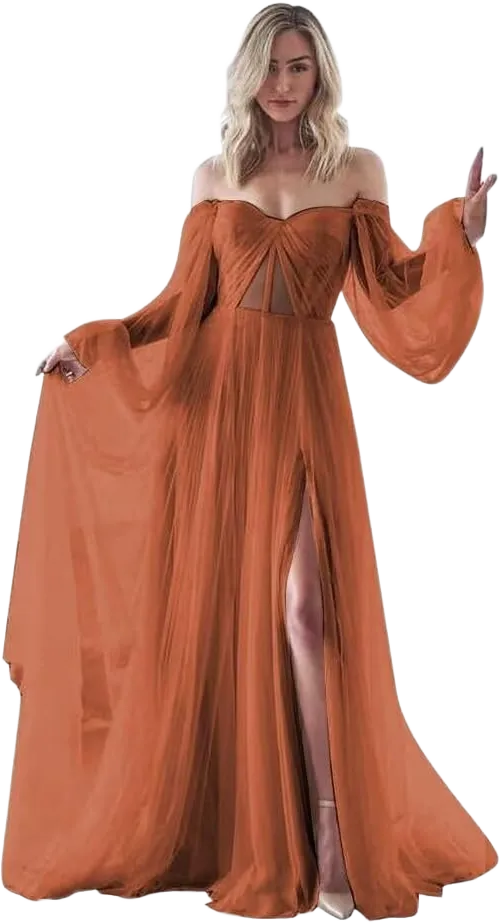 Puffy Sleeve Prom Dress for Women Tulle Wedding Dress Long Princess Formal Evening Gowns with Split PS513 24 Plus Rust