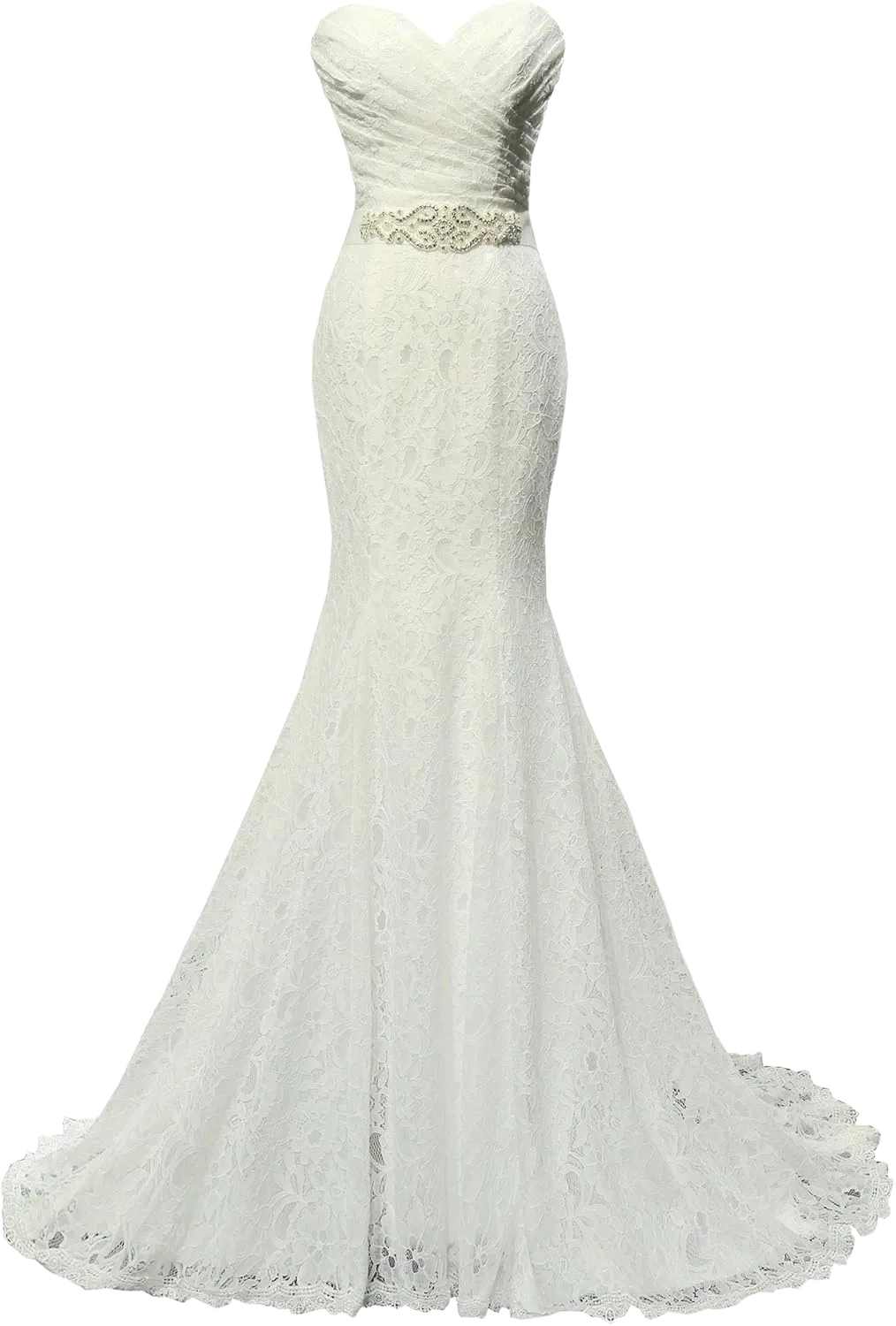 SOLOVEDRESS Women's Beaded Pleat Lace Wedding Dress Mermaid Bridal Gown with Sash 7 Ivory