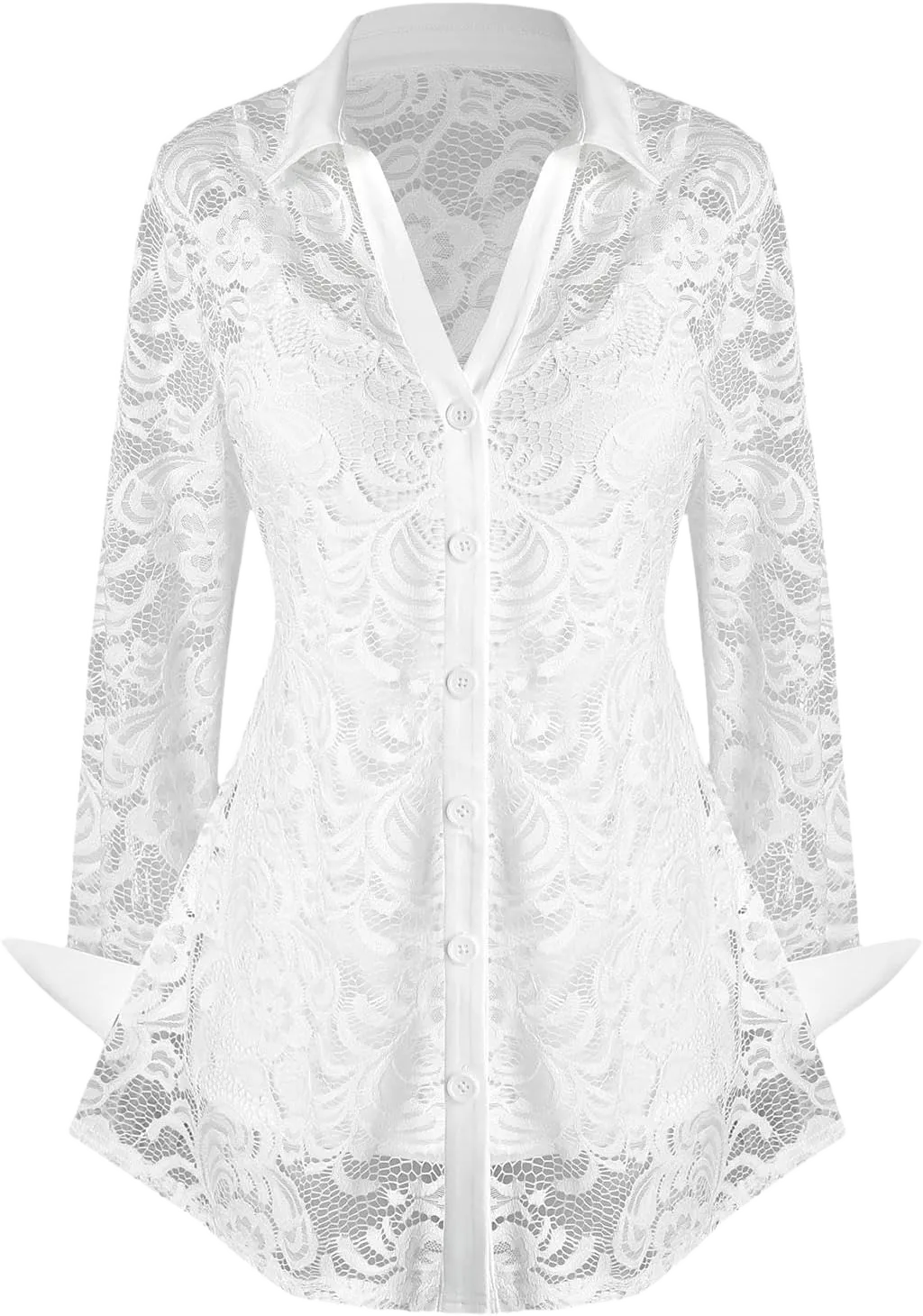 ROSE GAL Rosegal Womens Plus Size Sheer Lace Button Front Long Sleeve Blouse and Cami Top Twinset White 2X