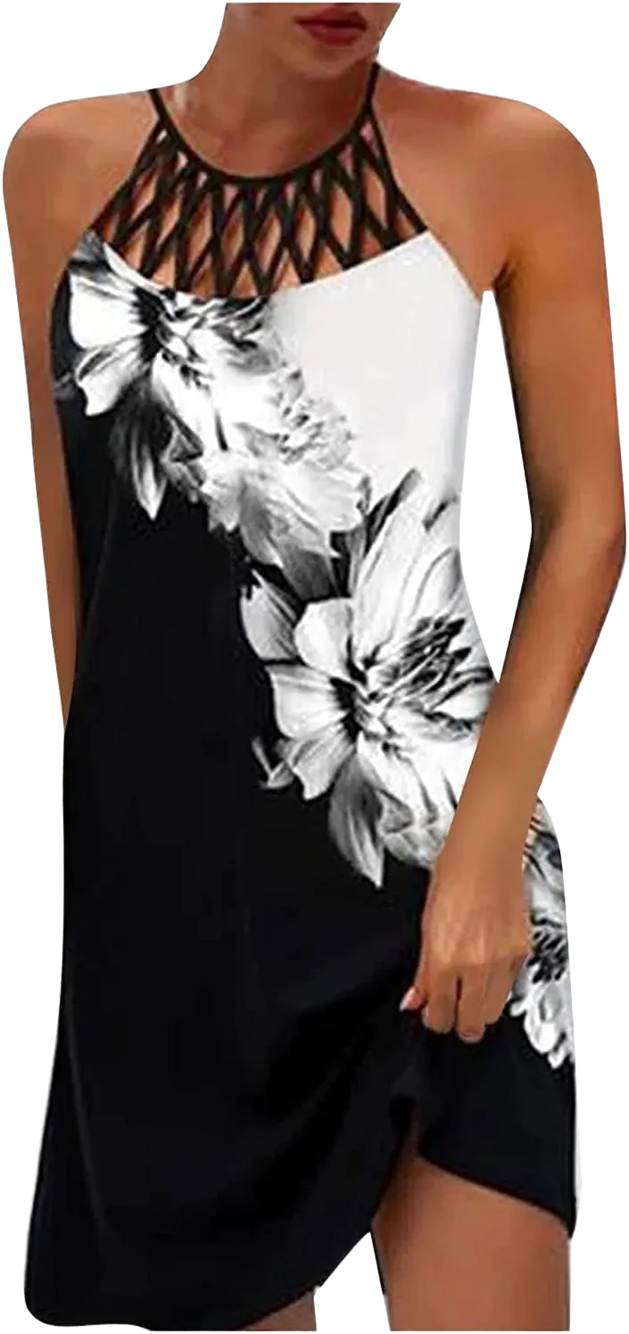 BIRW Summer Dresses for Women 2025 Casual Floral Halter Neck A-line Beach Vacation Sundresses with Pockets Large White Flowers