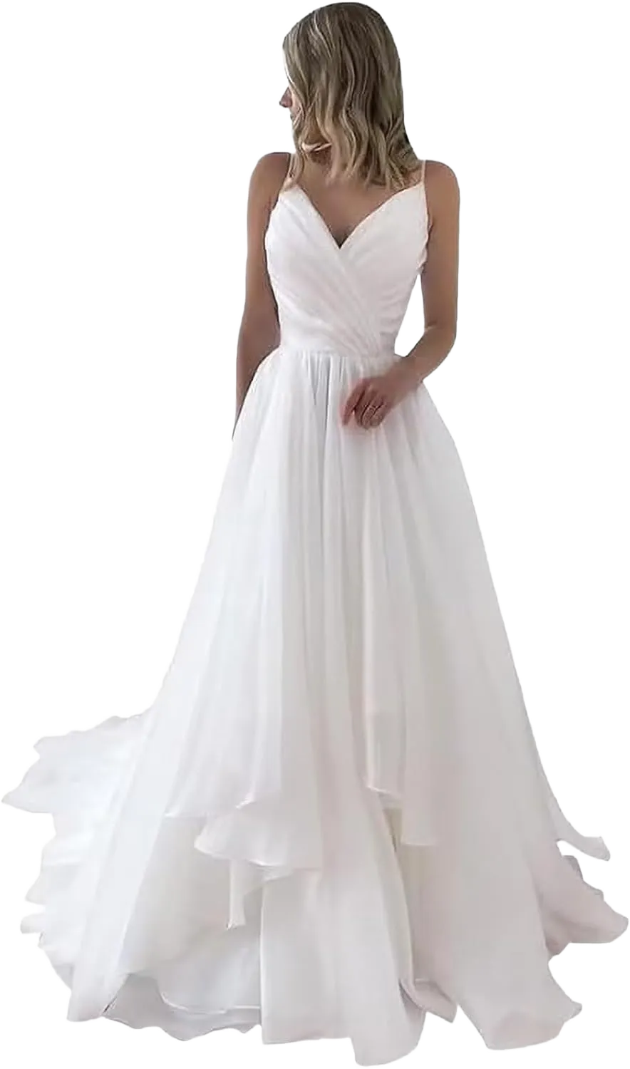 Women's Simple Wedding Dresses for Bride Chiffon A Line Wedding Dress for Women V Neck Long Bride Dress 12 B-white
