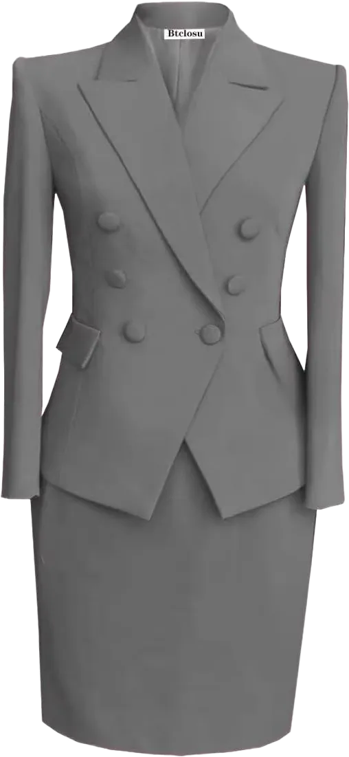 Women's Skirt Suit 2 Piece Slim Fit Business Suit Set Long Sleeve Lady Blazer Set Jacket Skirt Grey 0