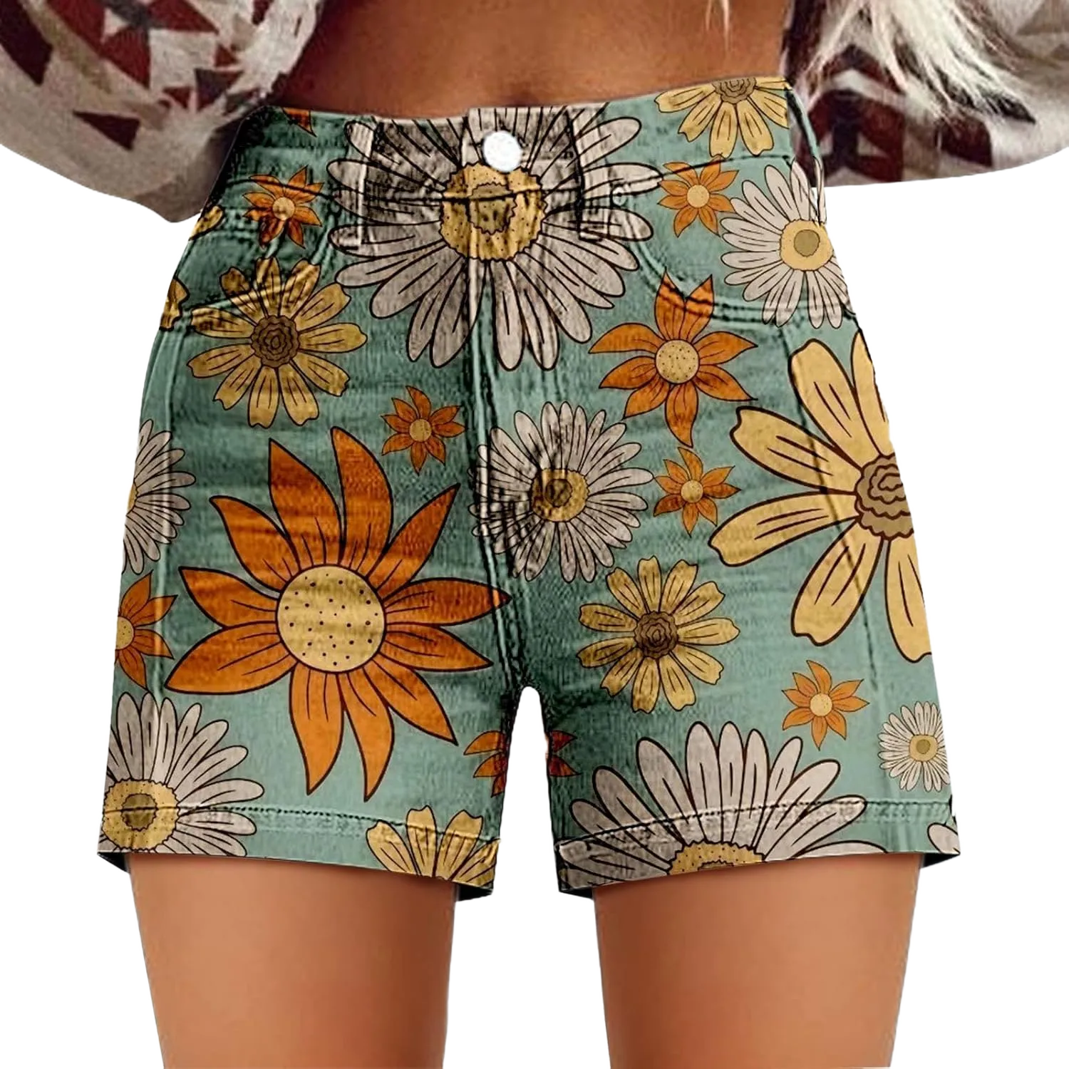 Denim Shorts for Women Vintage Boho Floral Print Denim Jeans Casual High Waist Slim Bermuda Short Retro Y2K Streetwear Light Blue#15-hawaii Medium