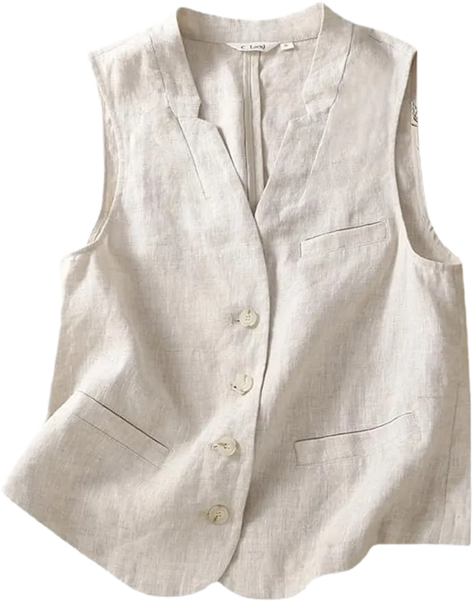 Mywinway Linen Vest Women 2025 Lightweight Sleeveless Blazer Spring Cardigan Summer Outerwear Jackets tops Small Beige