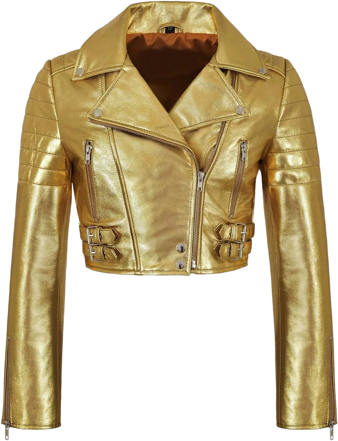 LP-FACON Womens Foil Metallic Short Body Brando Punk Motorcycle Biker Crop Leather Jacket Golden/Silver 3X-Large Golden