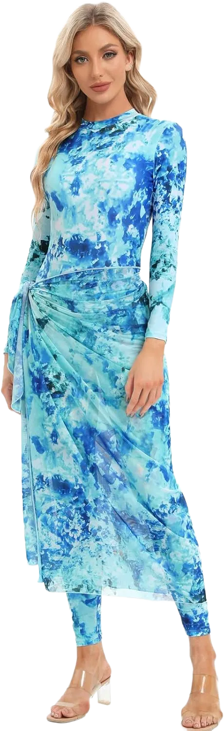 IMEKIS Muslim Swimsuits for Women: Modest Swimwear Islamic Long Sleeve Burkini Full Cover Muslim Dress Pants Rash Guard Shirt Beach Cover Up Wrap Skirt Sarong Bathing Suits 4PCS Aqua Small