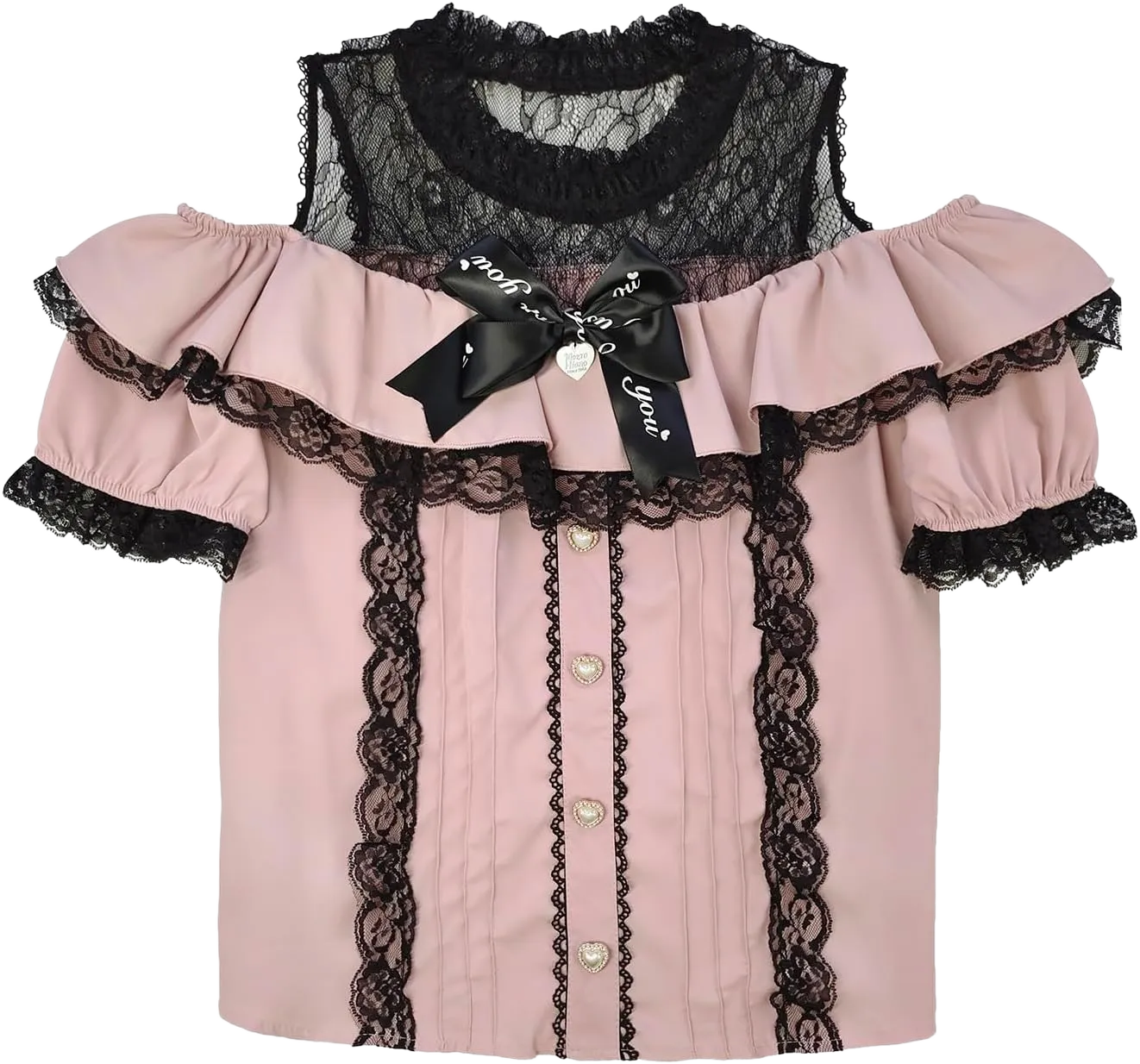 Sweet Cold Shoulder Shirt Women Lolita Lace Mesh Sheer Short Sleeve Blouse Vintage Ruffle Button Cute Tops Medium Pink