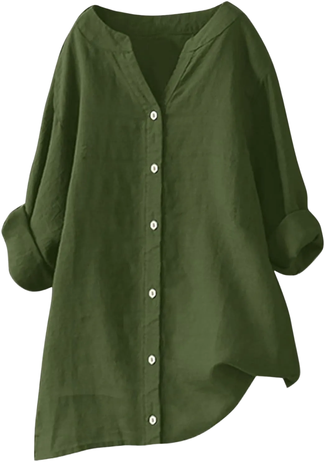 Long Sleeve Shirt for Women Linen 2024 Fall Top V Neck Tees Casual Button Down Tshirt Ladies Loose Fit Cotton Blouse Medium A-army Green