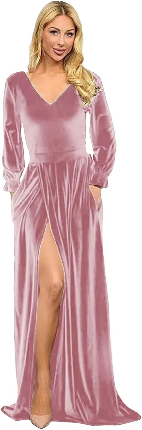 Women's Velvet Long Sleeve Bridesmaid Dresses Long V Neck High Slit Formal Evening Gowns with Pockets Pink 18 Plus