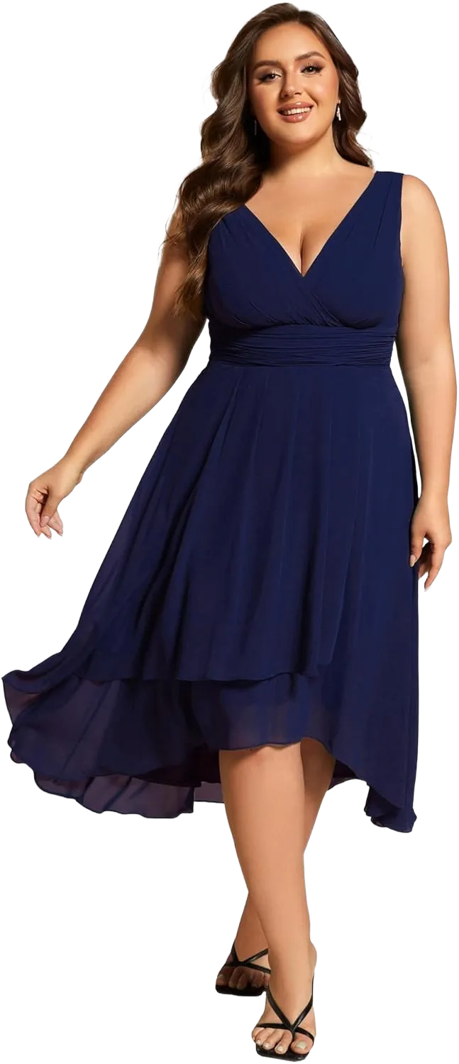 Ever-Pretty A Line V Neck Sleeveless Chiffon Plus Size Pleated High Low Summer Wedding Guest Dresses for Curvy Women Navy Blue US26