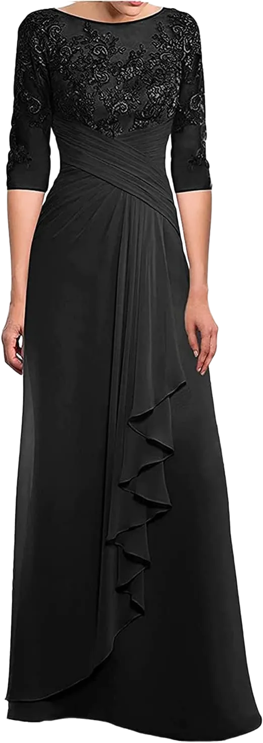 DEOTTEI Plus Size Black Mother of The Bride Dresses with Sleeves Applques Lace Chiffon Long Evening Formal Gown for Women US 16
