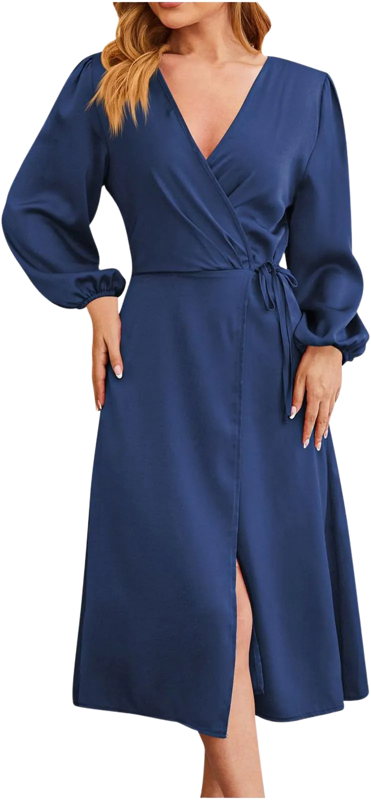 Dresses for Women 2024 Lantern Sleeve V Neck Wrap Slit Work Dress Sexy Tie Waist Satin Silk Summer Wedding Guest Dress B01_blue Small