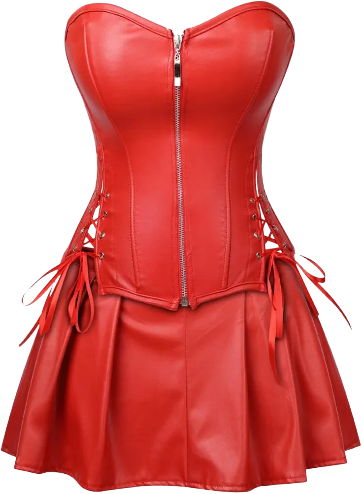 Kranchungel Women's Punk Rock Faux Leather Corset with Skirt Retro Goth Waist Cincher Basque Bustier X-Small Red