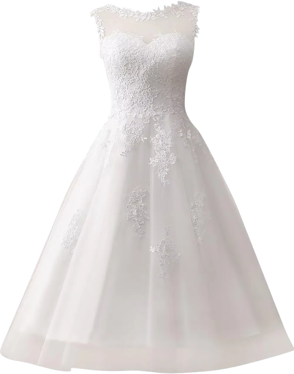 Women's Short A-Line Lace Wedding Dresses for Bride Plus Size Tea Length Tulle Sleeveless Bride Gowns 20 Plus Ivory