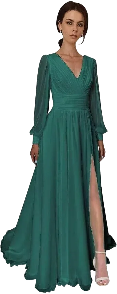 Split Chiffon V Neck Long Sleeve Prom Dresses Formal Dress for Women A-Line Pleated Maxi Gown 14 Teal