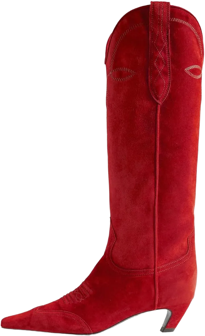 SHODENSE Women Embroidered Cowboy Boots Square Toe Knee High Kitten Heel Boots Suede Wide Calf Western Boots Pull On V Cut 2" Heels Cowgirl Boot Vintage Tall Dress Boots Fall Winter 4-11 M US 4 Suede Red