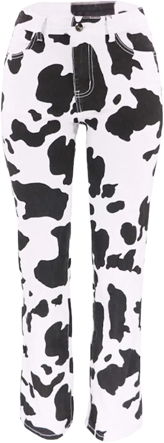 Bell Bottom Jeans for Women Stylish Cow Print High Waist Stretchy Flared Denim Pants Summer Slim Fit Wide Leg Streetwear Large White