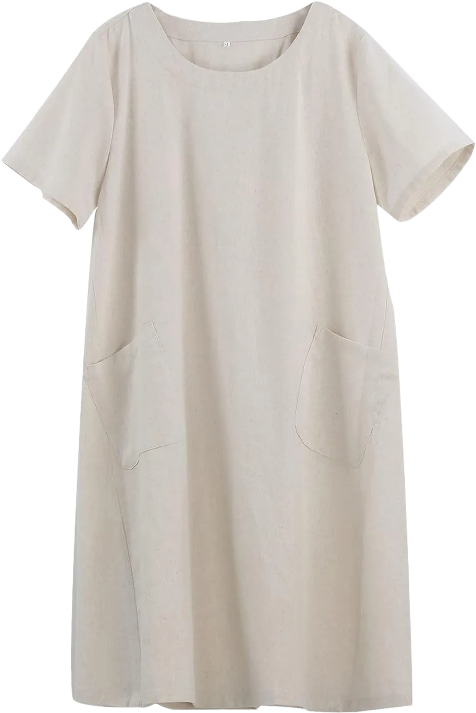 FTCayanz Women's Linen Shirt Dresses Summer Casual Short Sleeve Plaid Tunic Midi Dress Medium Beige