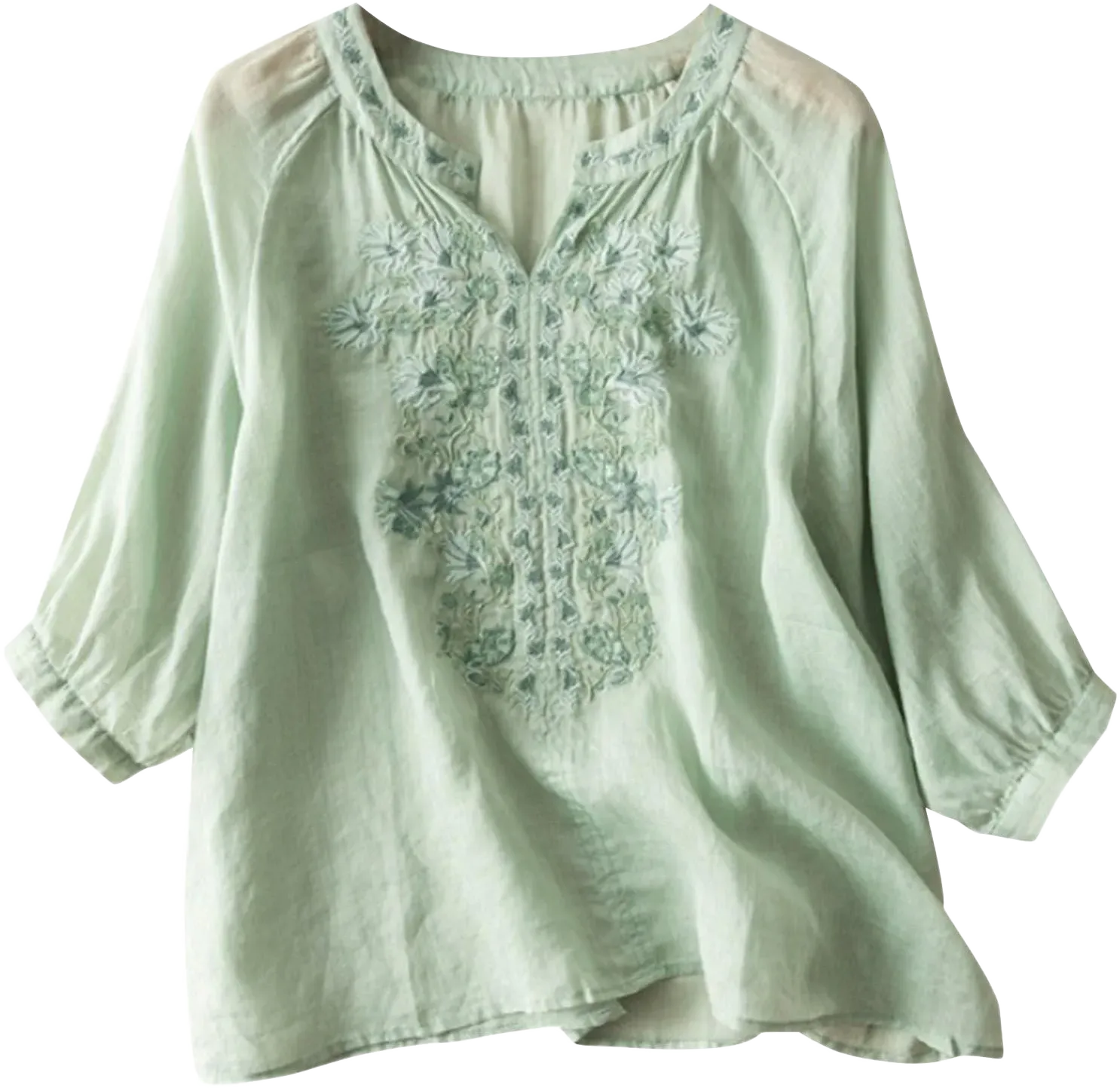 YUHGODO Vintage 3/4 Sleeve Linen Tunic Tops for Women Floral Embroidered Tops Peasant Blouse Boho Shirts Bohemian Casual Tee