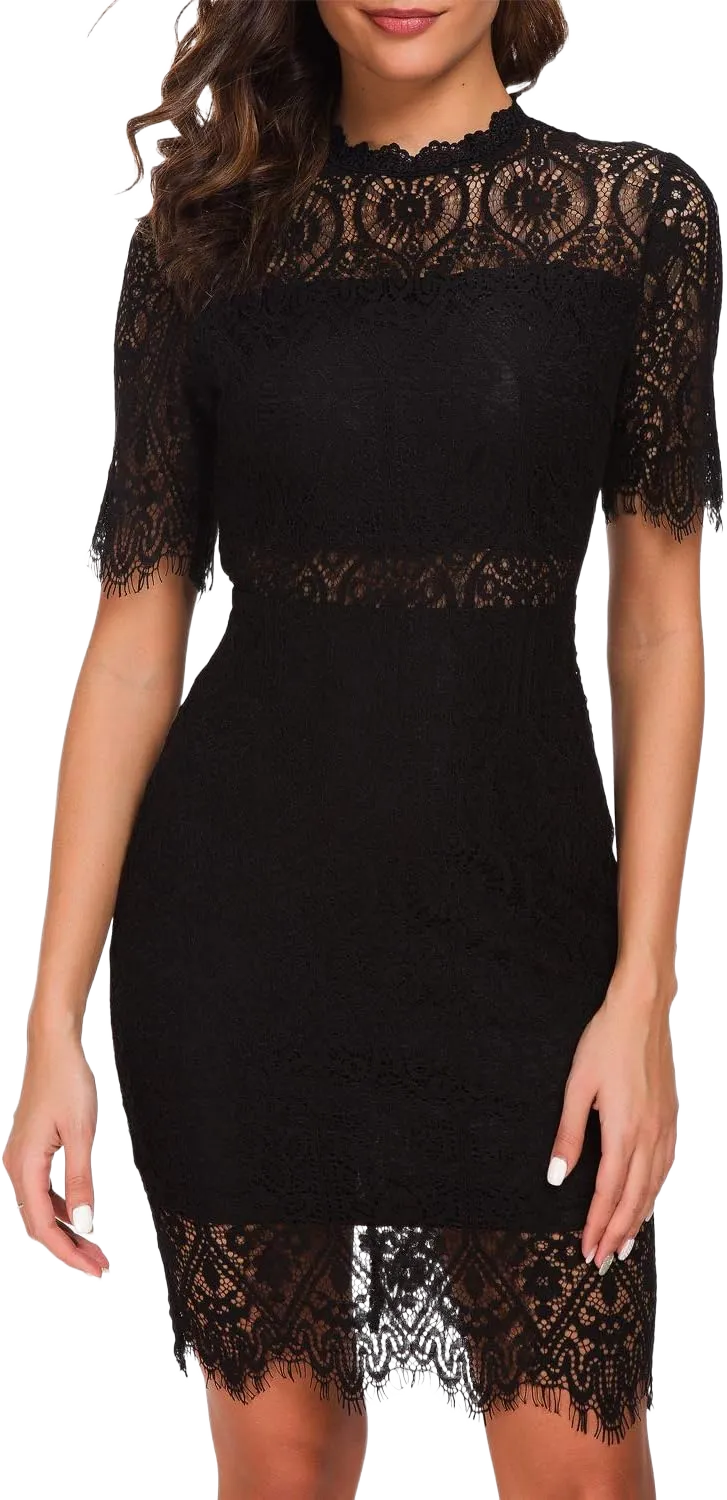 Women's Elegant High Neck Short Sleeves Lace Cocktail Party Dress 6 Black
