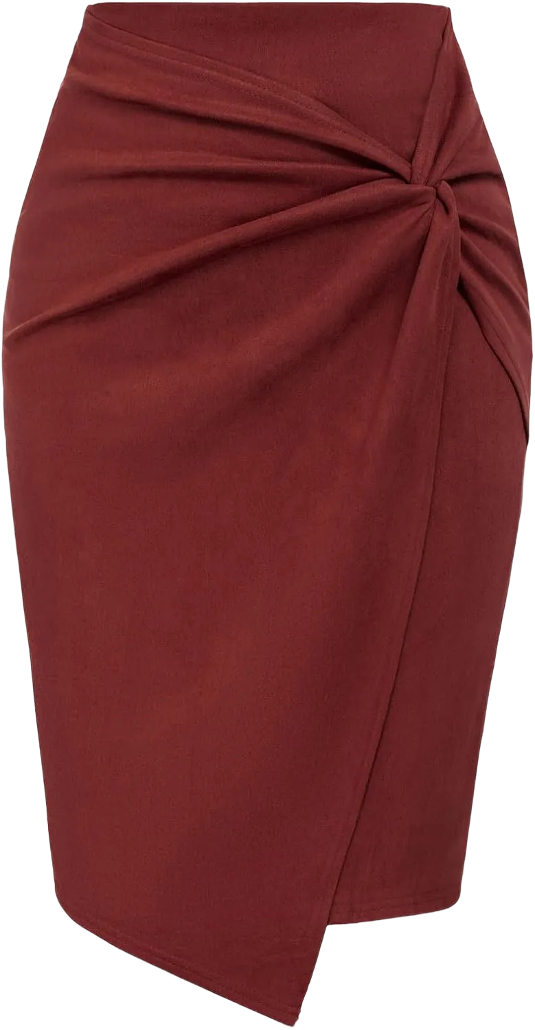 Kate Kasin Women's Faux Suede Pencil Skirt High Waist Side Knot Knee Length Business Casual Wrap Bodycon Skirts