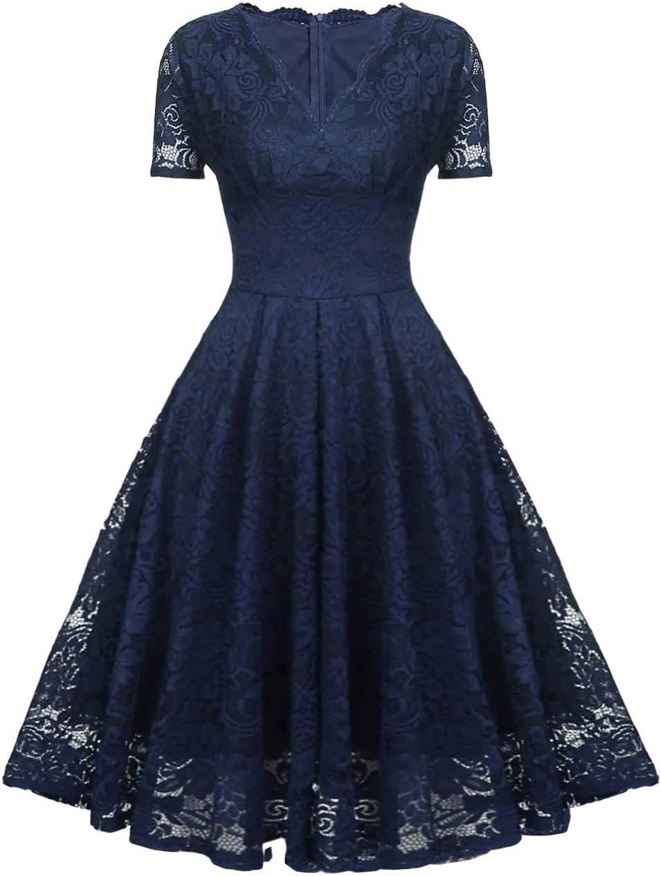 SEBOWEL Women Floral Lace V Neck Short Sleeve Formal Dress Swing A-Line Wedding Bridesmaid Cocktail Party Midi Dresses Navy Blue Medium