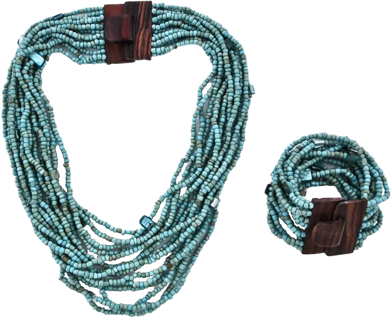 Shop LC Handmade Seed Bead Necklace & Bracelet Set - Boho Jewelry for Women - Layered Multi Strand Beaded Statement Jewelry w/Wooden Clasp - Necklace Length 18" - Strechable Bracelet Birthday Mothers Turquoise