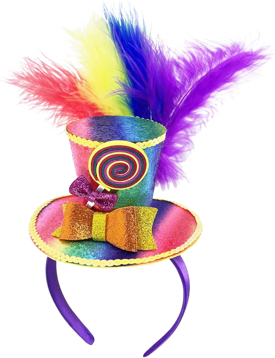 Rainbow Mini Top Hat Headband Mardi Gras Feathers Sparkling Sequins Tiny Hat Fascinator for Women Gril Cocktail Tea Party Hat for Gay Pride Month LGBTQ Lesbians Parade Party