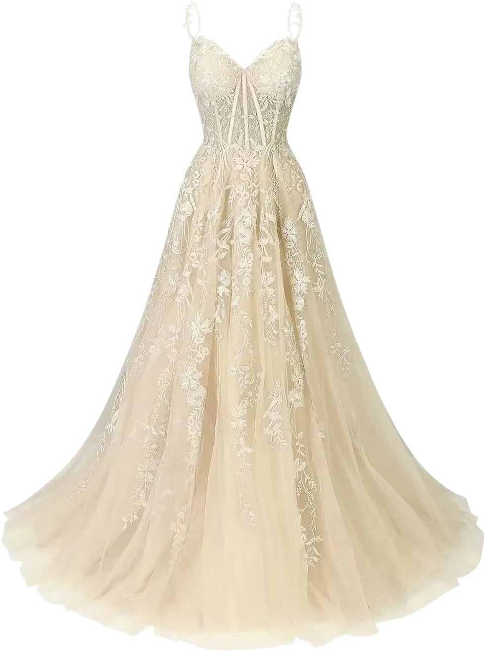 Women's Lace Applique Tulle Prom Dresses A Line Long Pleated 2025 Formal Evening Party Gowns with Slit 8 Champagne