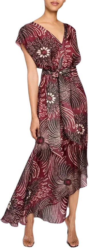Santorelli FALLON Cap Sleeve Midi Fit and Flare Dress with Hi-Lo Skirt in Silk Modern Gingham Floral Print