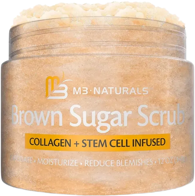 M3 Naturals Brown Sugar Body Scrub with Collagen Stem Cell Exfoliating Body Scrubber Face Cleanser Fight Skin Care Appearance Cellulite Fine Line Stretch Mark Spider Veins 12 oz