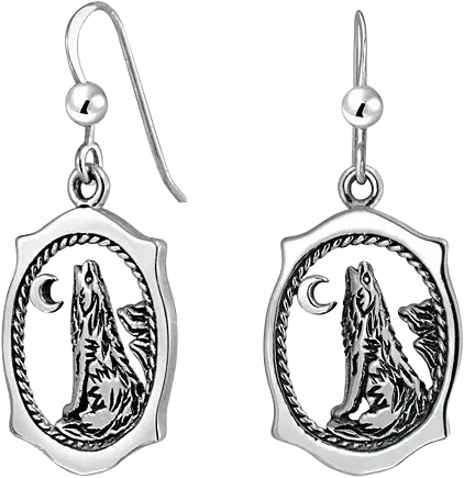 Bling Jewelry Oval Animal Totem Amulet Wicca Jewelry Crescent Moon And Stars Werewolf Celestial Howling Wolf Dangling Earrings Oxidized Sterling Silver Fish Hook