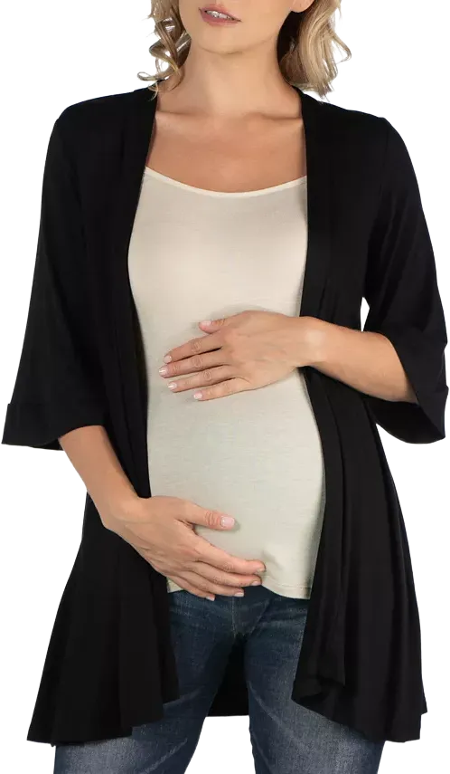 24seven Comfort Apparel Open Front Elbow Length Sleeve Maternity Cardigan