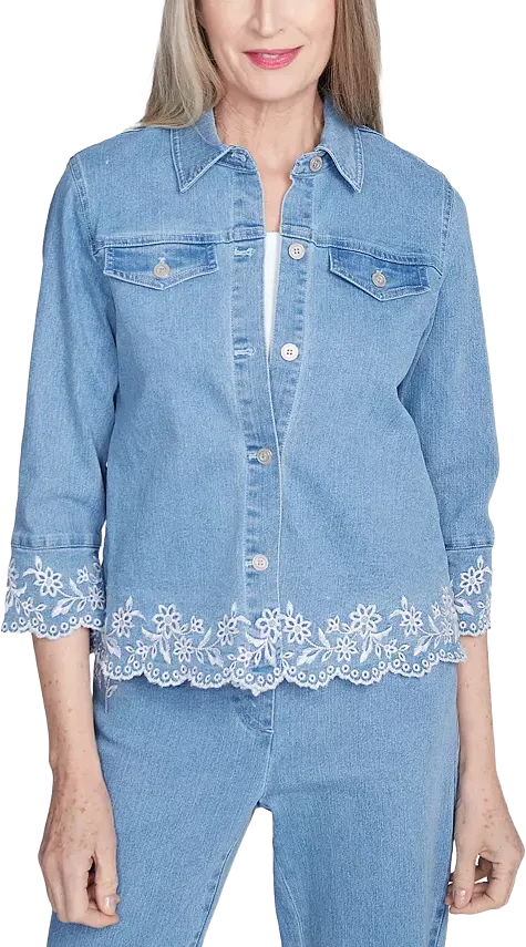Alfred Dunner Petite Embroidered Scallop-Edge Denim Jacket