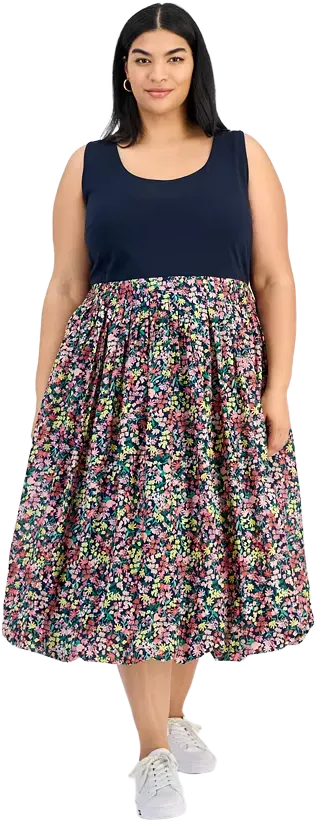 Tommy Hilfiger Plus Size Floral-Print-Skirt Sleeveless Dress