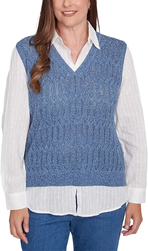 Alfred Dunner Petite Collared Vest Two in One Sweater