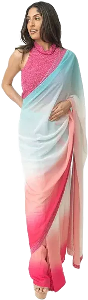 RAAS Women's Pink and Blue Shaded Silk Pre-Draped Saree with Hand Embroidered Blouse